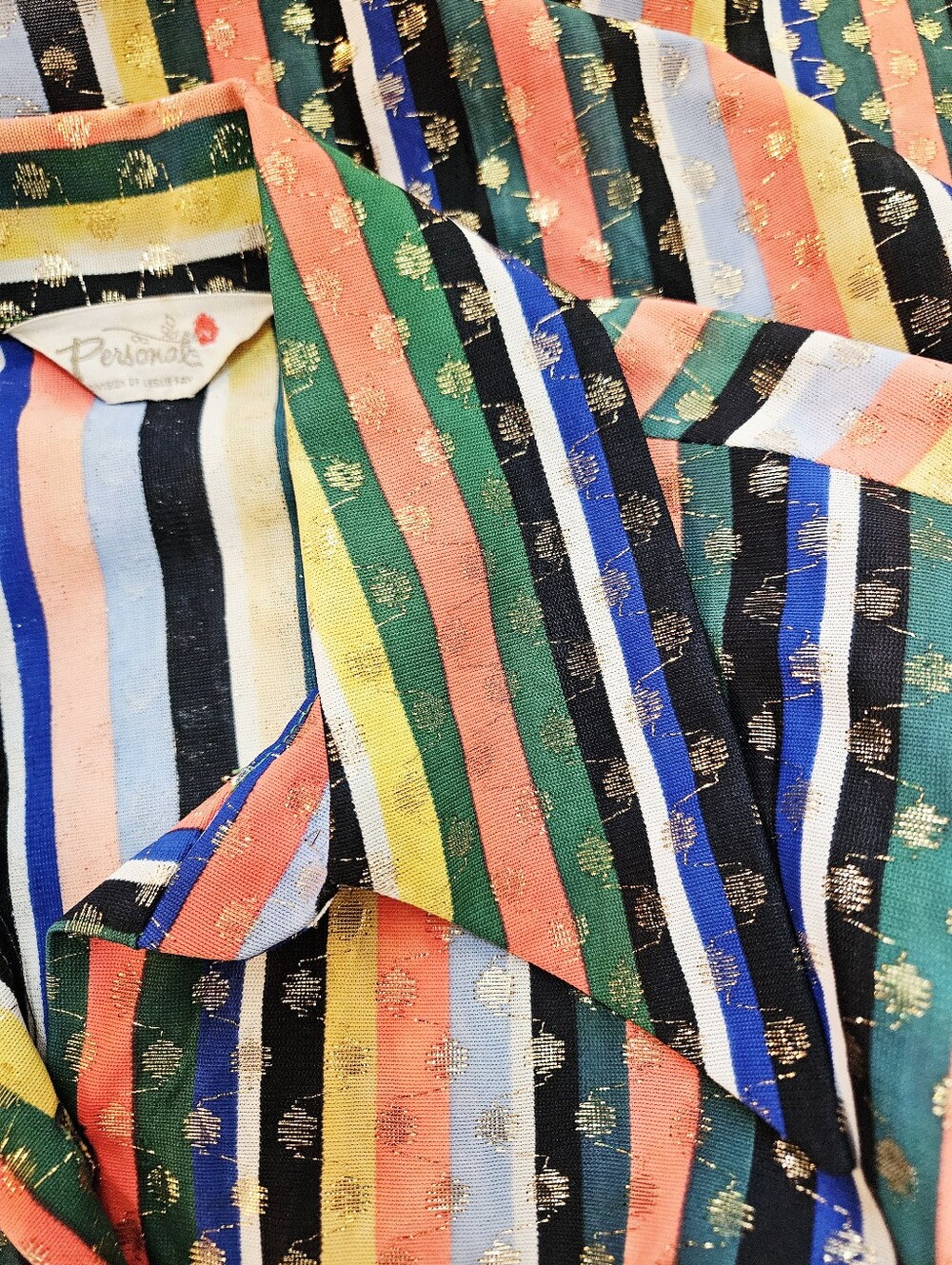 Vintage 70s Dagger Collar Rainbow And Gold Metallic Stripe Blouse Medium - Picture 6 of 16